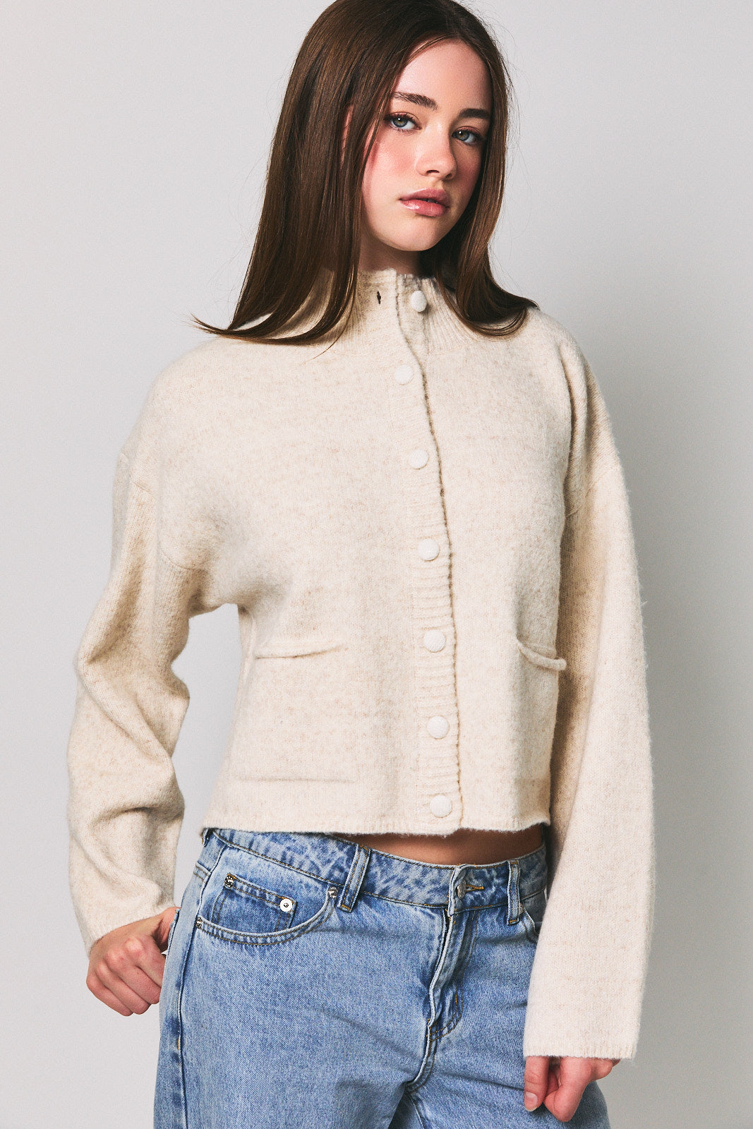 Mock Neck Front Pocket Button Down Cardigan
