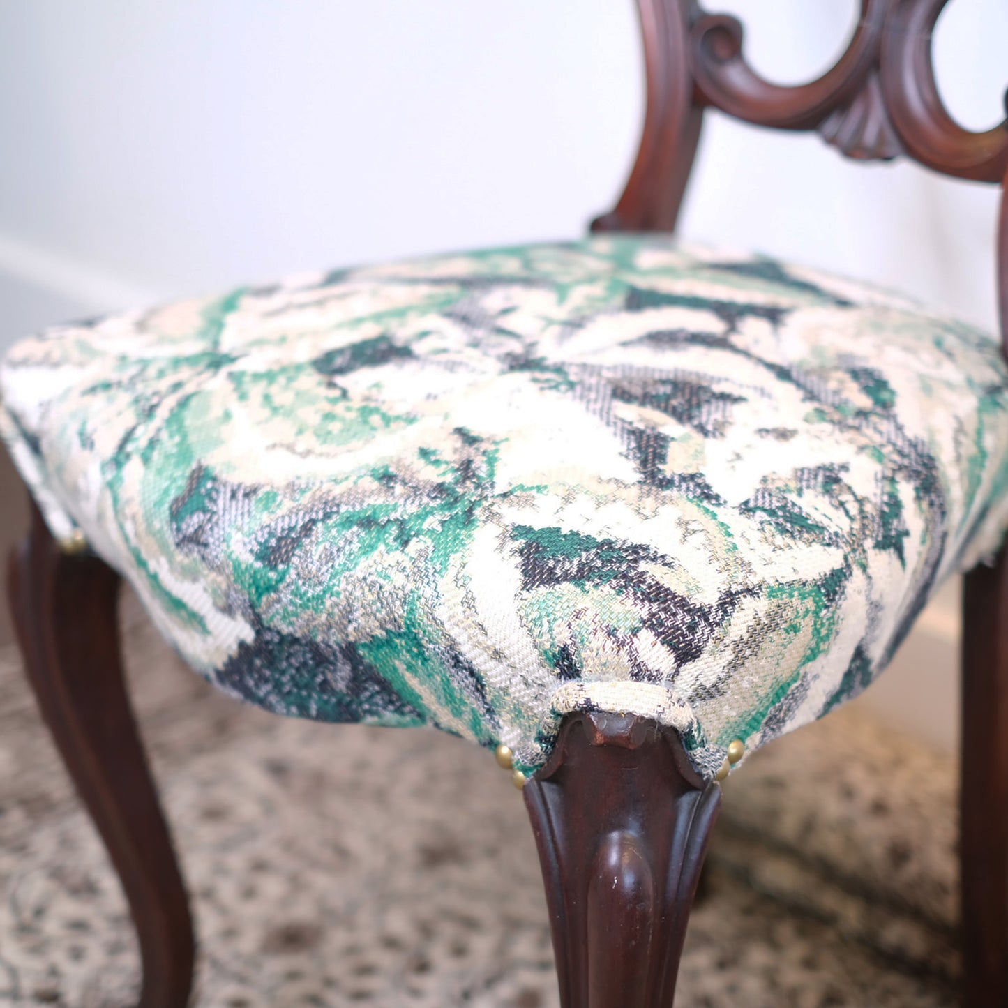 Open Back Green Floral Antique Chair