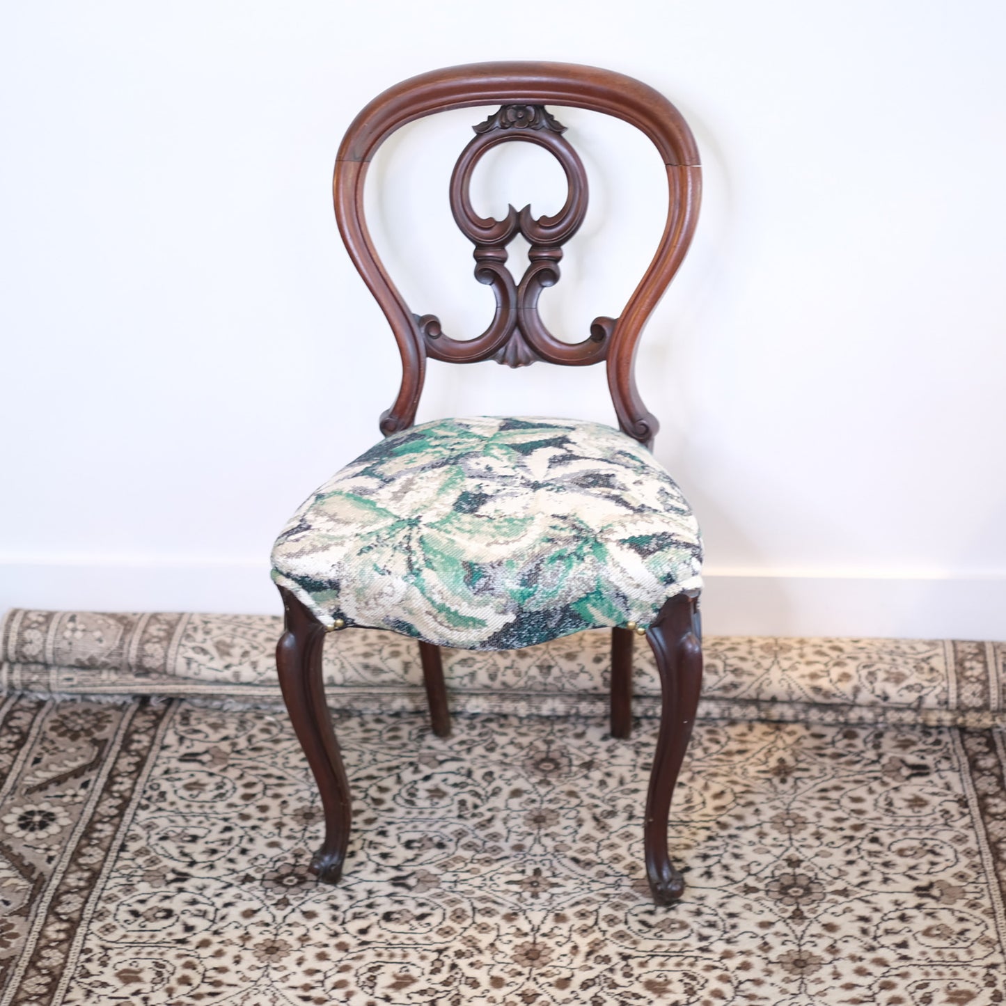 Open Back Green Floral Antique Chair