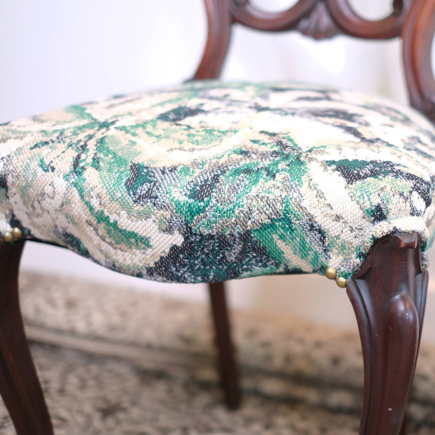 Open Back Green Floral Antique Chair