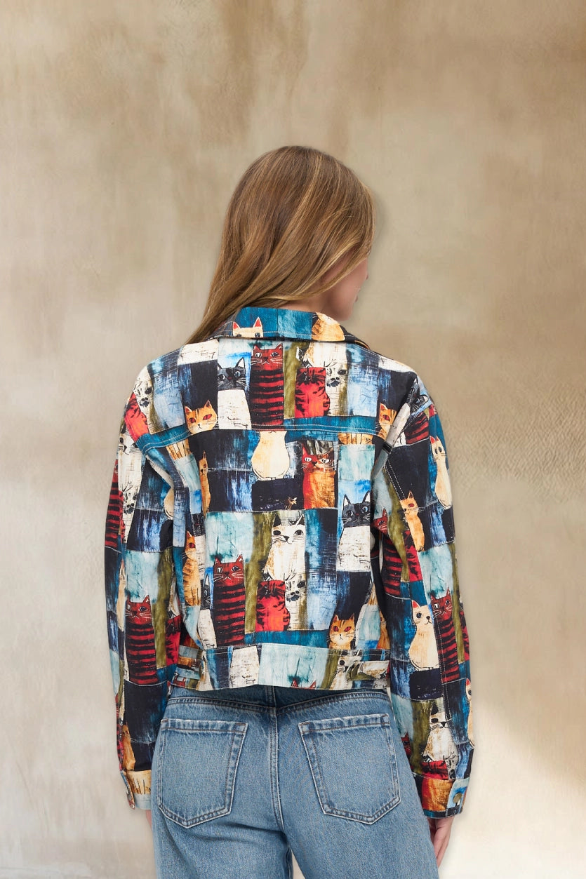 Painterly Cat Print Cropped Jacket