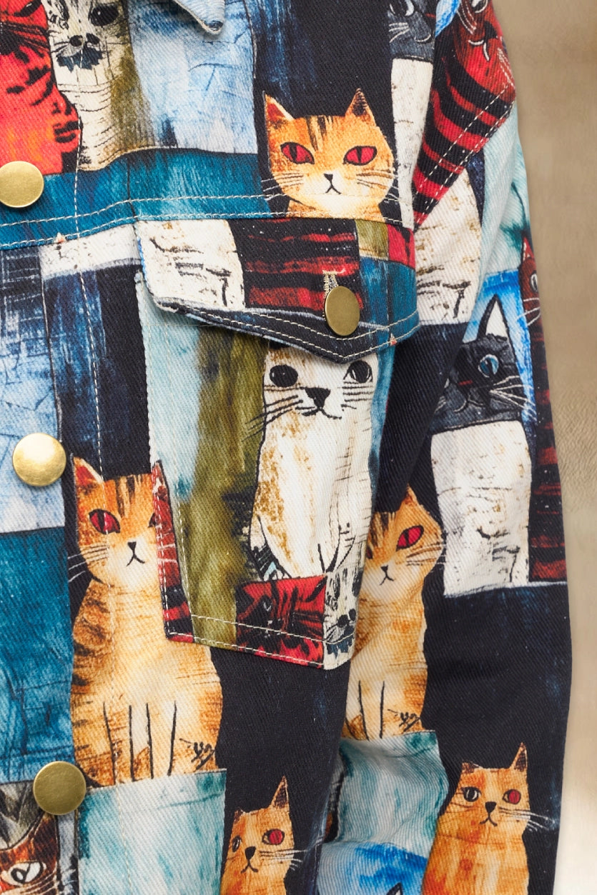 Painterly Cat Print Cropped Jacket