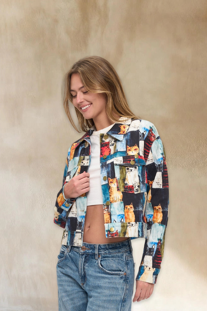 Painterly Cat Print Cropped Jacket