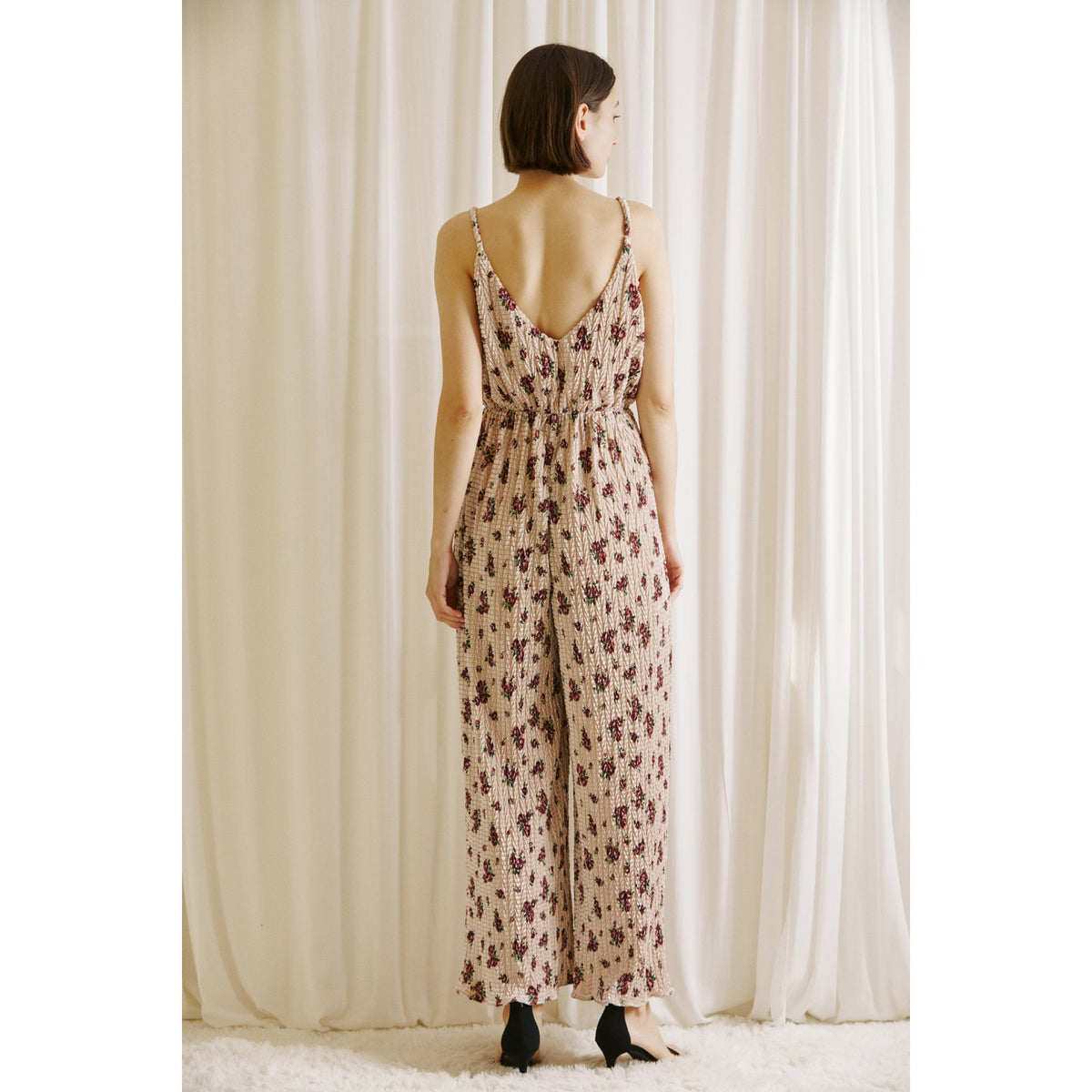 Rose Print Crinkled Fabric Jumpsuit