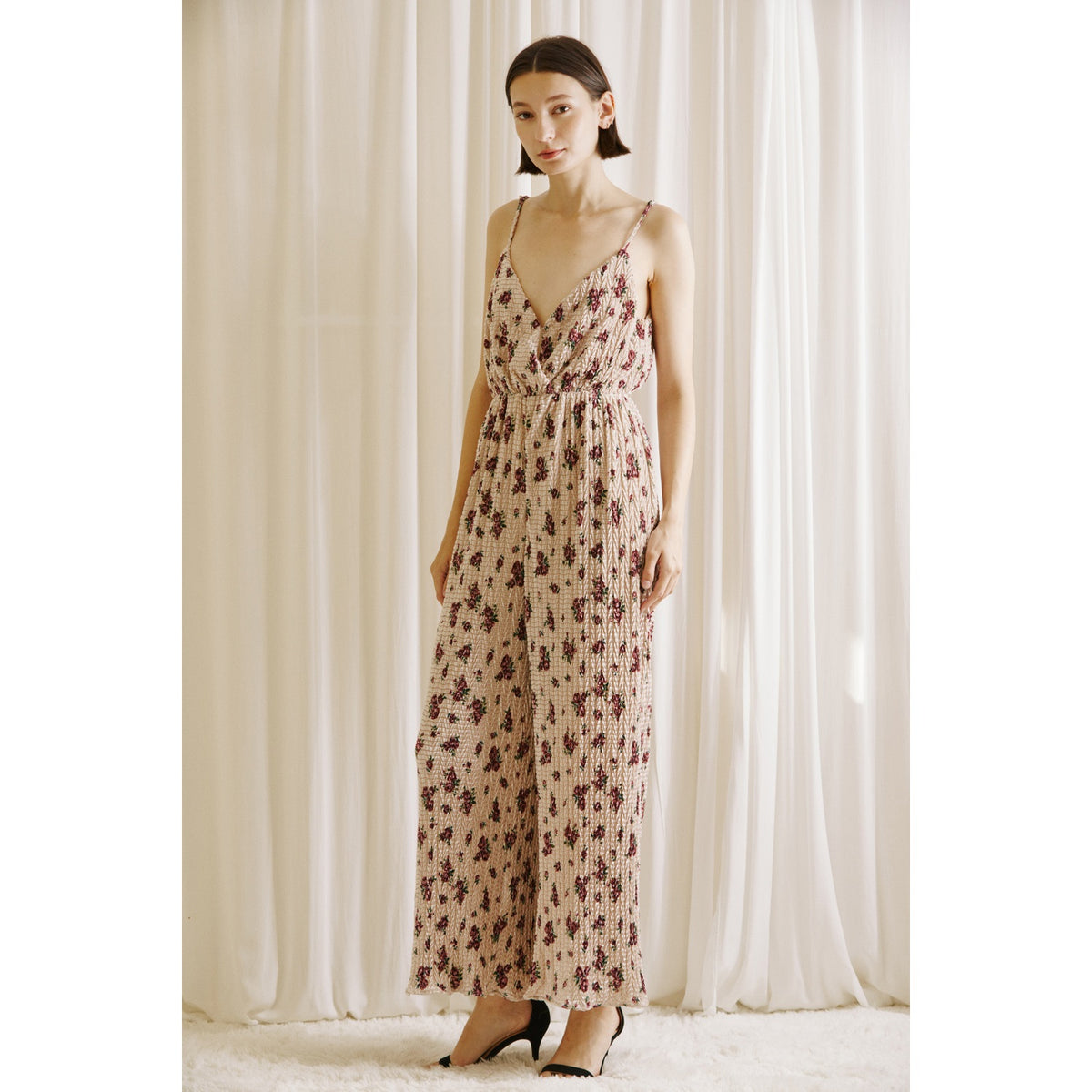 Rose Print Crinkled Fabric Jumpsuit