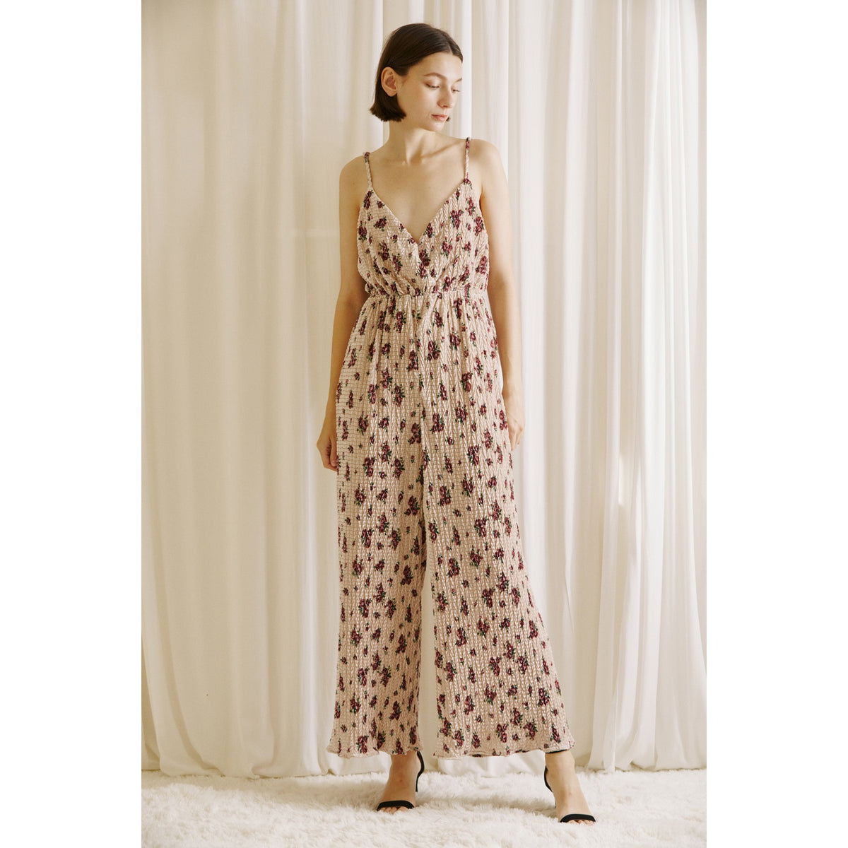 Rose Print Crinkled Fabric Jumpsuit