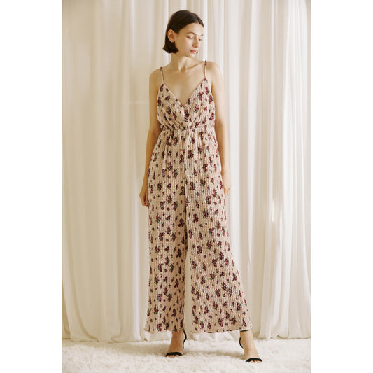 Rose Print Crinkled Fabric Jumpsuit