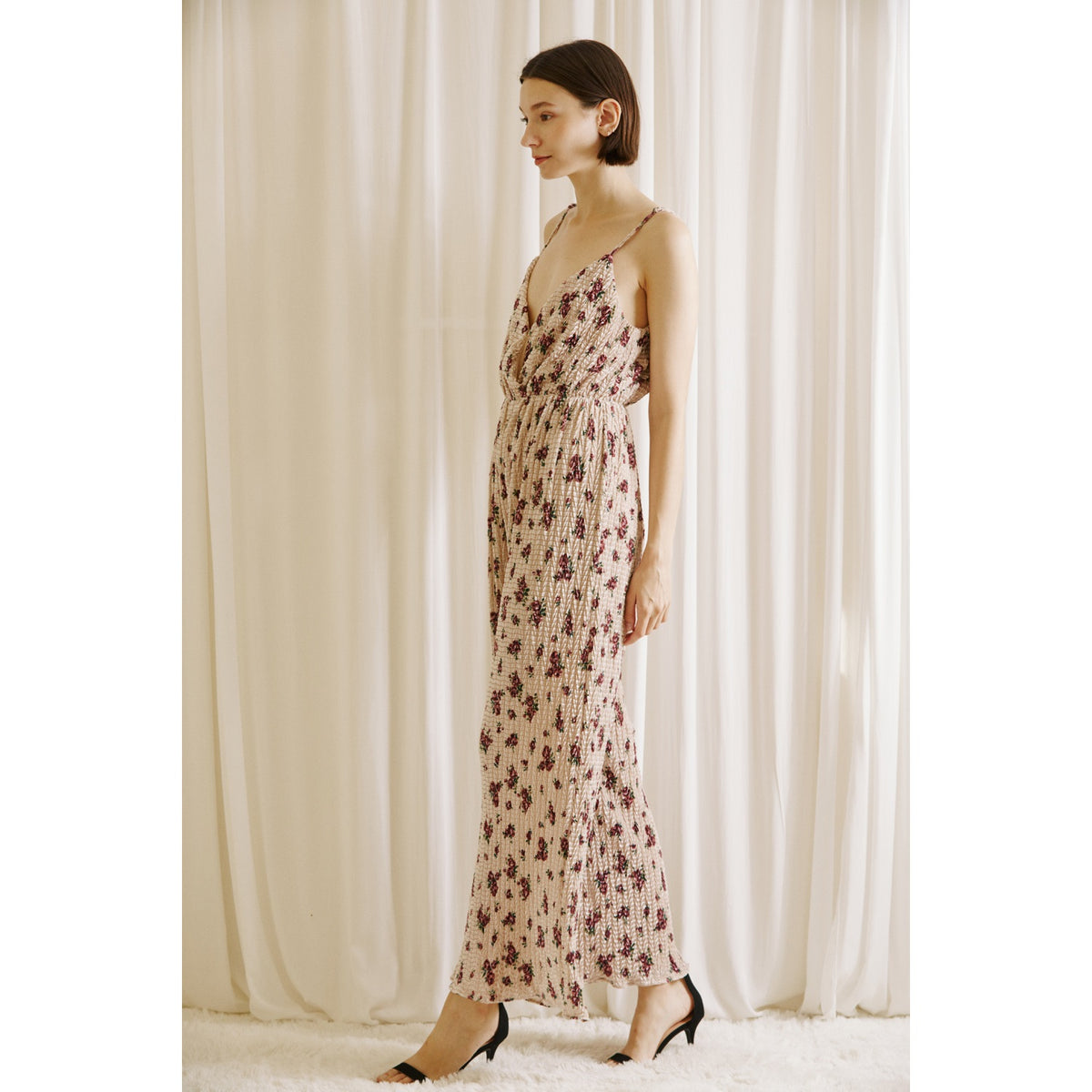 Rose Print Crinkled Fabric Jumpsuit