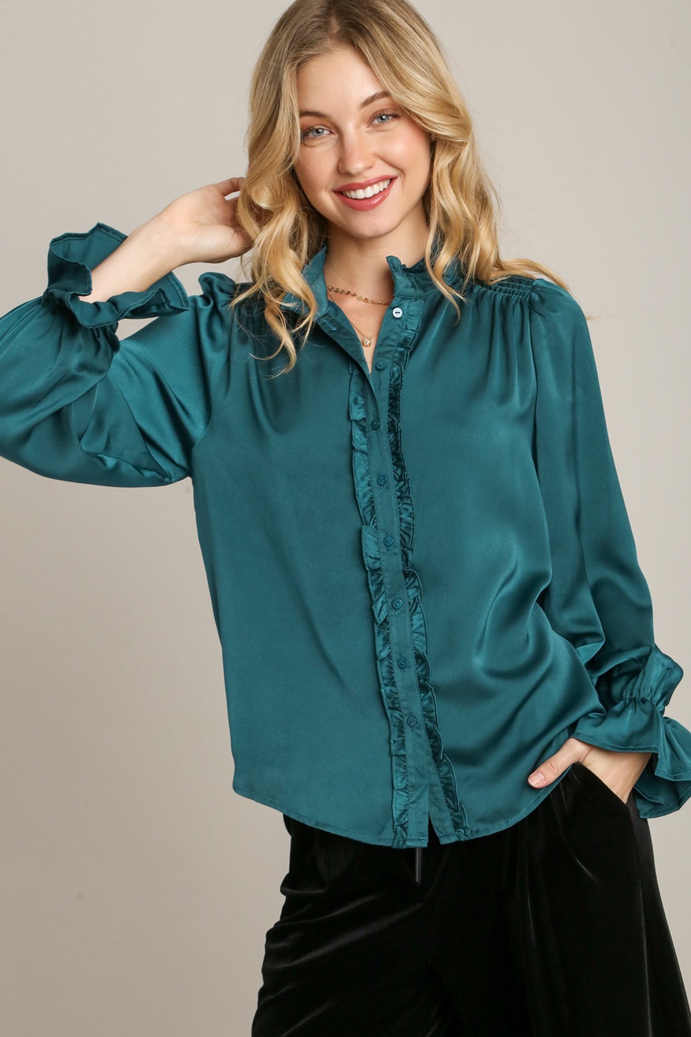 Ruffled Long Sleeve Button Down