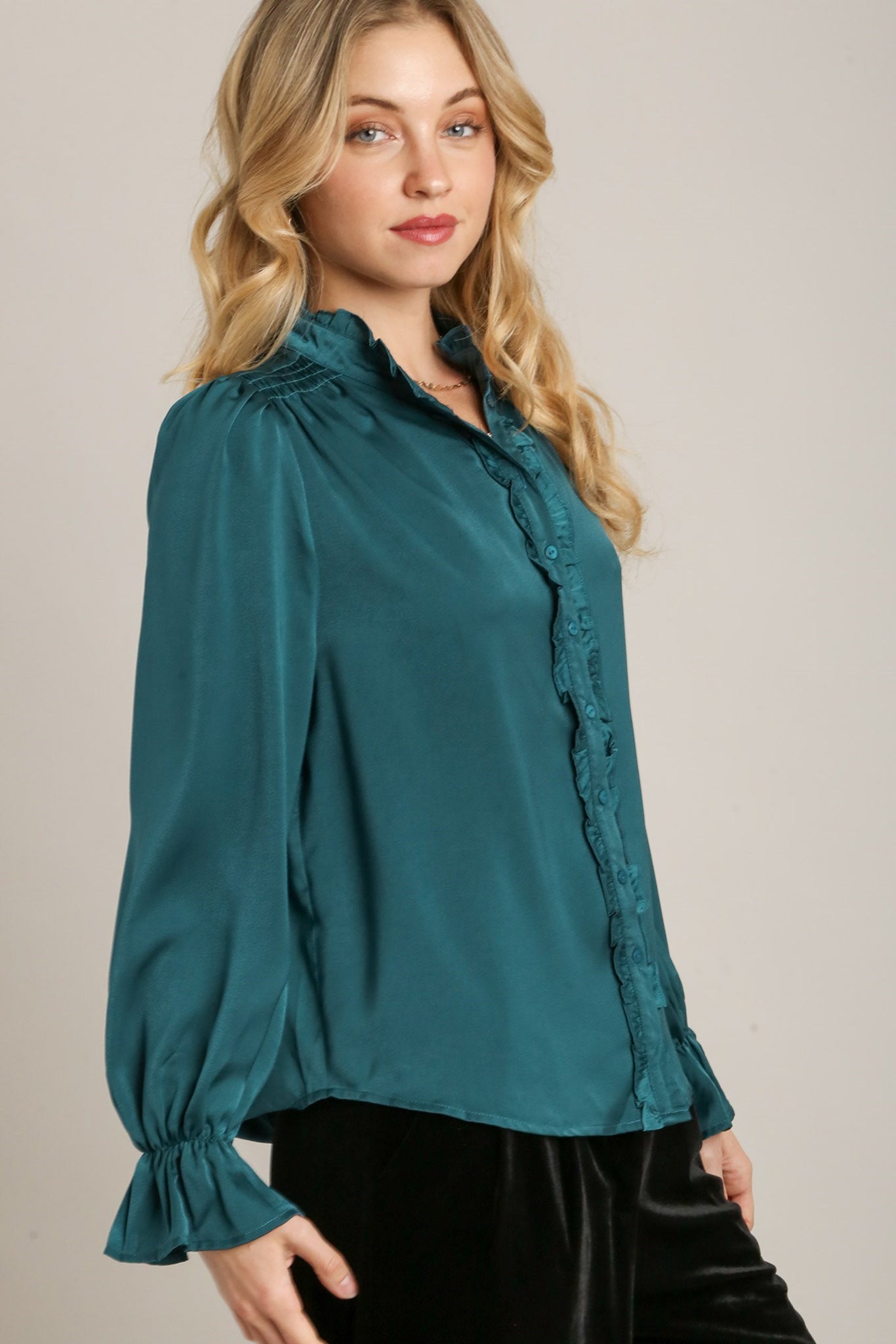 Ruffled Long Sleeve Button Down