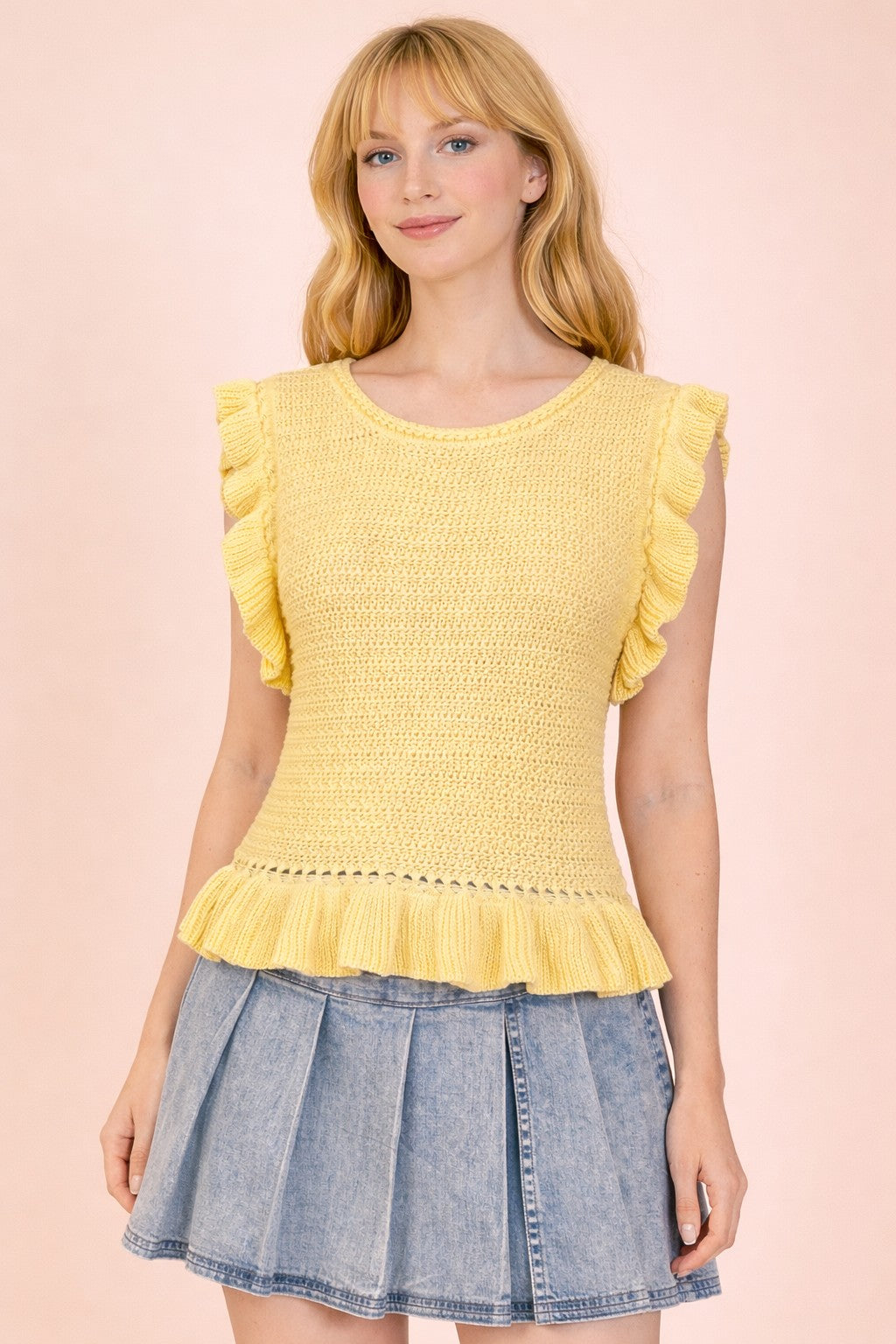 Ruffled Sleeveless Knit Sweater Top