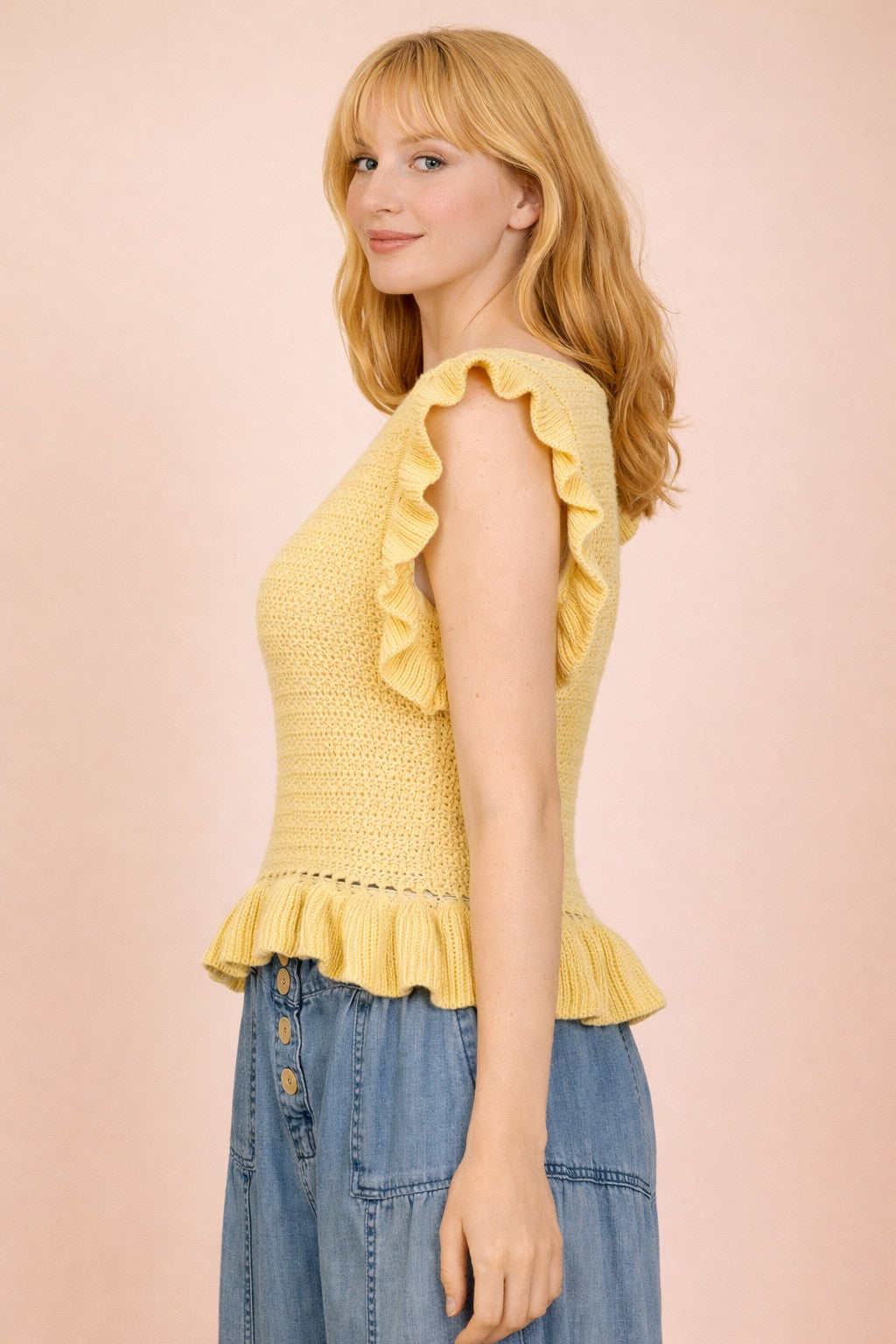 Ruffled Sleeveless Knit Sweater Top