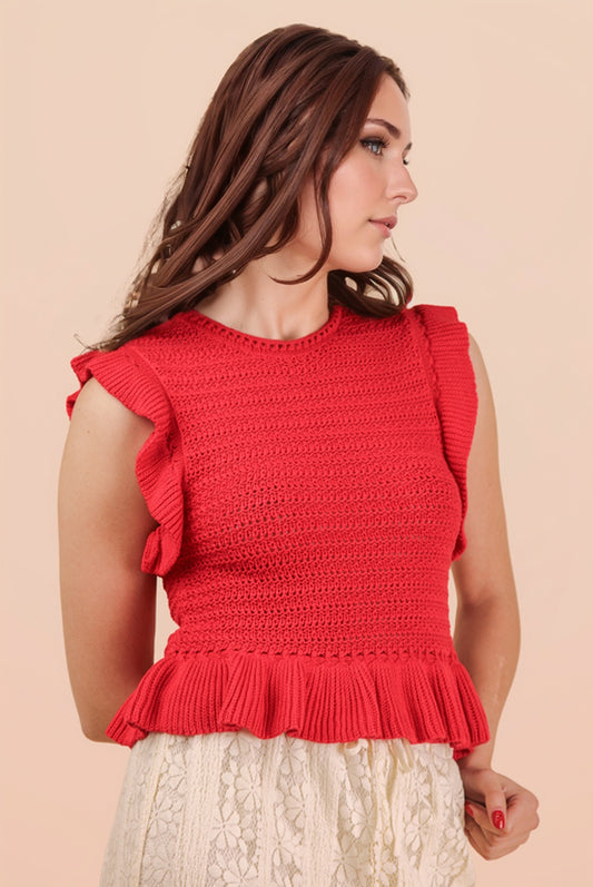Ruffled Sleeveless Knit Sweater Top