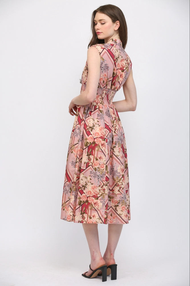 Scarf Print Front Zip Cinched Waist Midi Dress