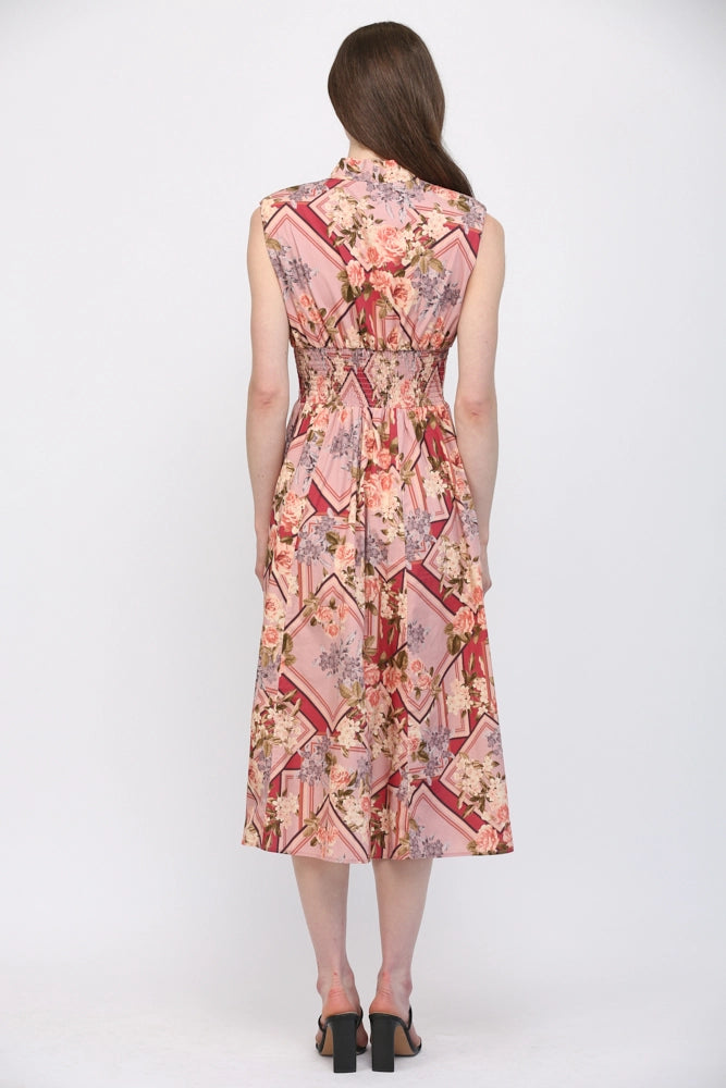 Scarf Print Front Zip Cinched Waist Midi Dress