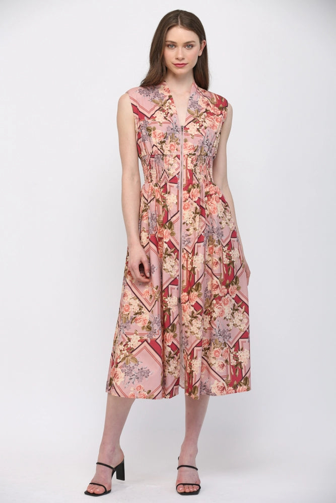 Scarf Print Front Zip Cinched Waist Midi Dress