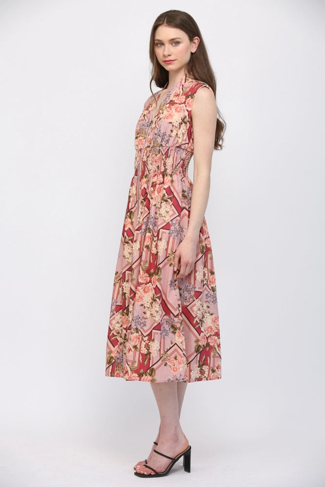 Scarf Print Front Zip Cinched Waist Midi Dress