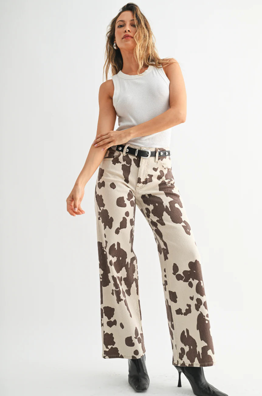 Cow Print Wide Leg Jeans