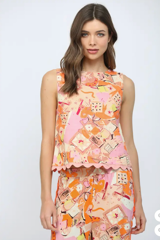 Ric-Rac Trimmed Abstract Print Top