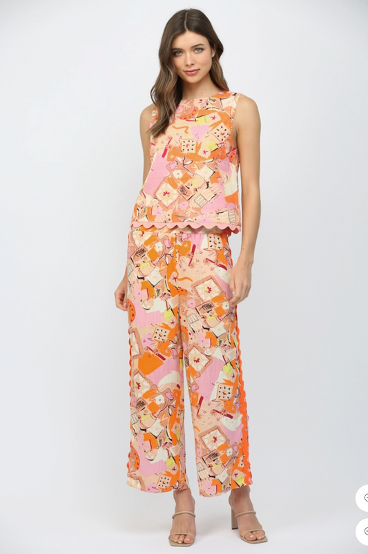 Ric-Rac Trimmed Abstract Print Pants