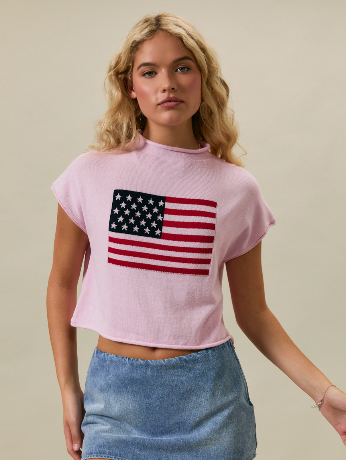 Mock Neck Short Sleeve Flag Sweater