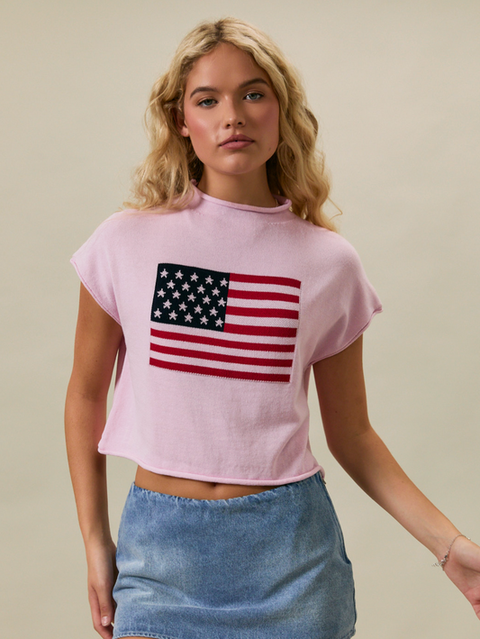Mock Neck Short Sleeve Flag Sweater