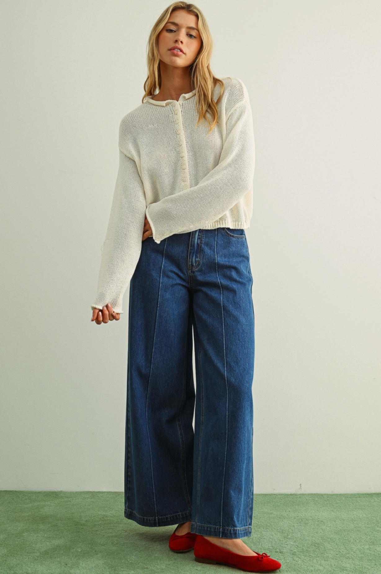 Wide Leg Denim Pants with Front Detail