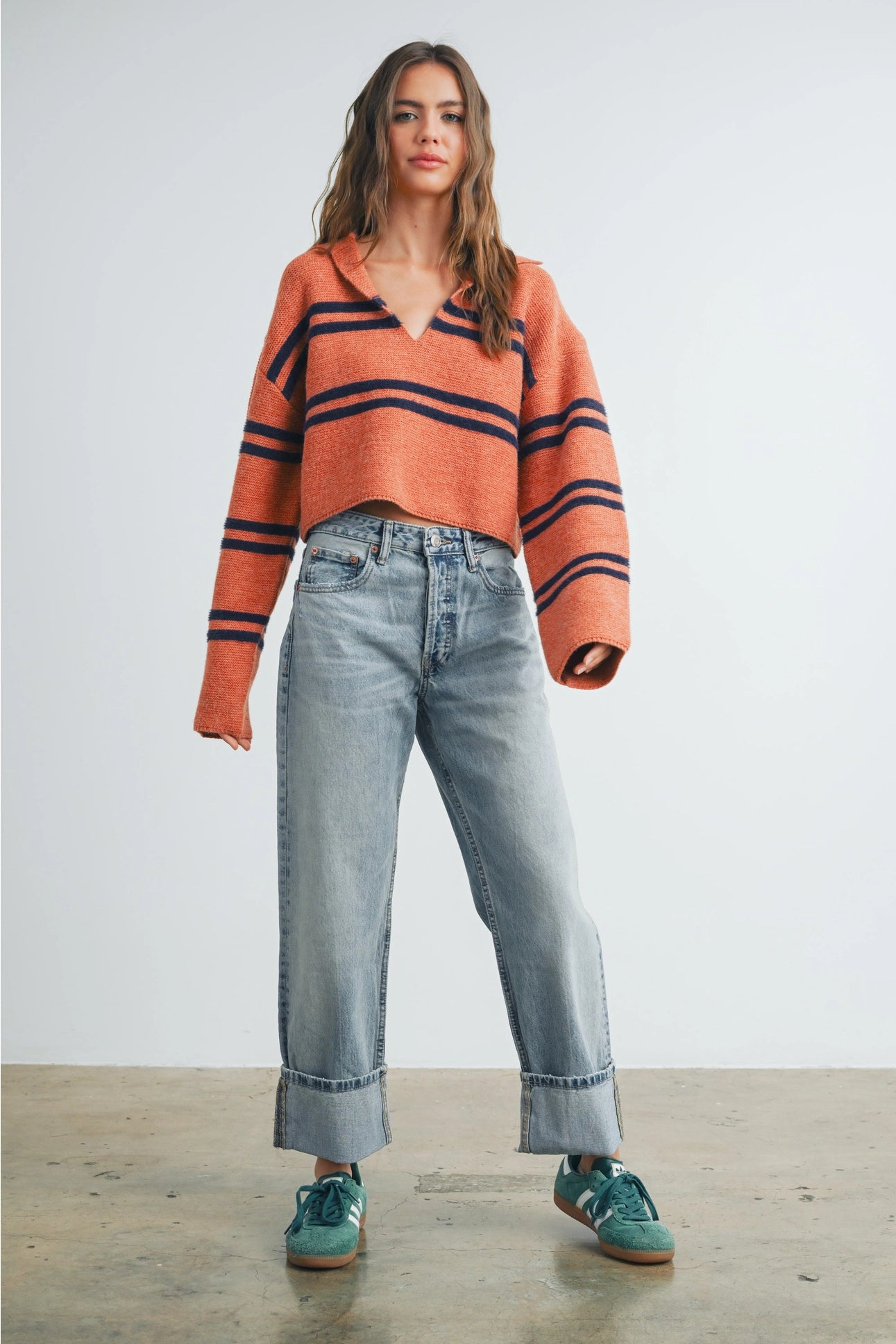 Stripe Crop Collar Sweater Top