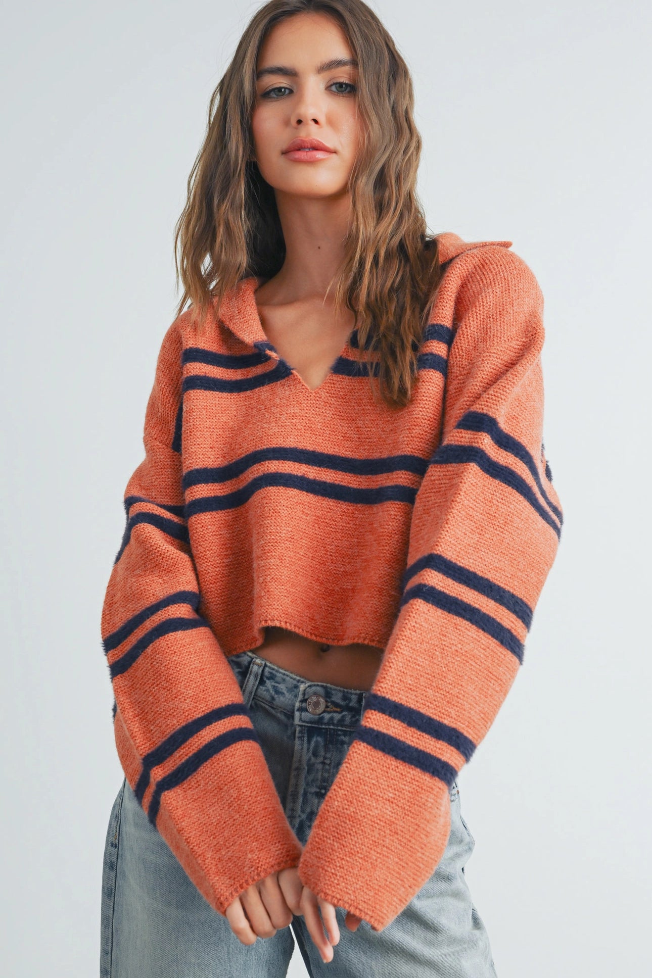 Stripe Crop Collar Sweater Top