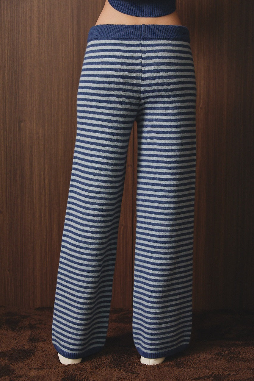 Striped Mid Rise Drawstring Sweater Wide Leg Pants