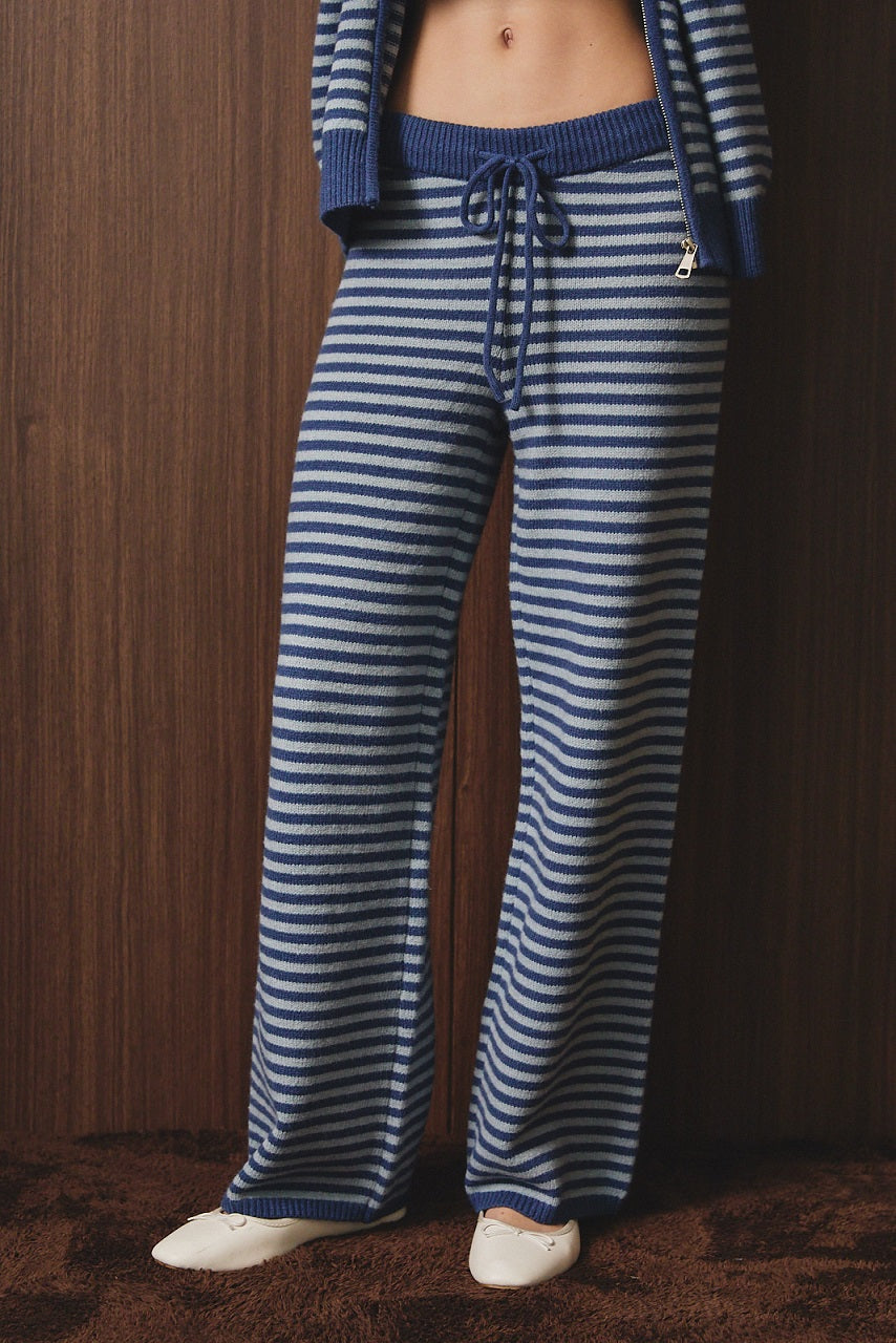 Striped Mid Rise Drawstring Sweater Wide Leg Pants