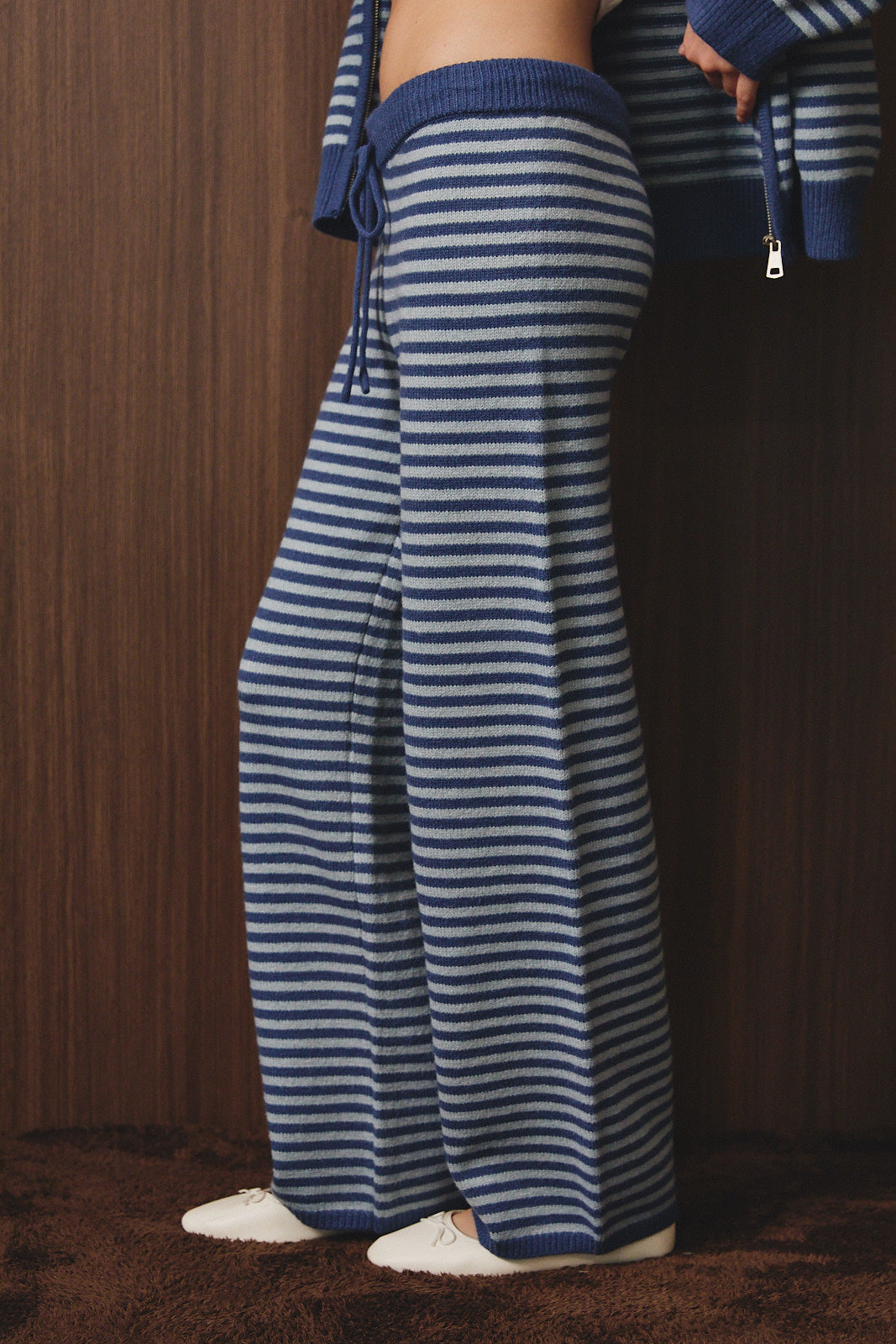 Striped Mid Rise Drawstring Sweater Wide Leg Pants
