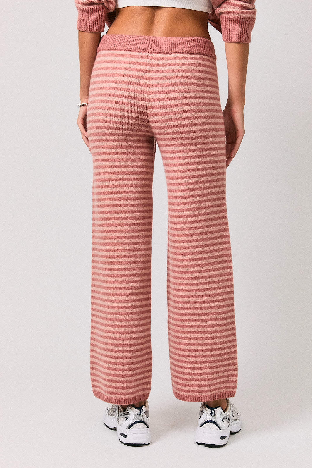 Striped Mid Rise Drawstring Sweater Wide Leg Pants