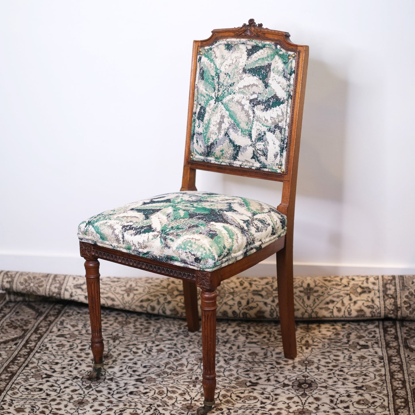 Upholstered Green Floral Antique Chair