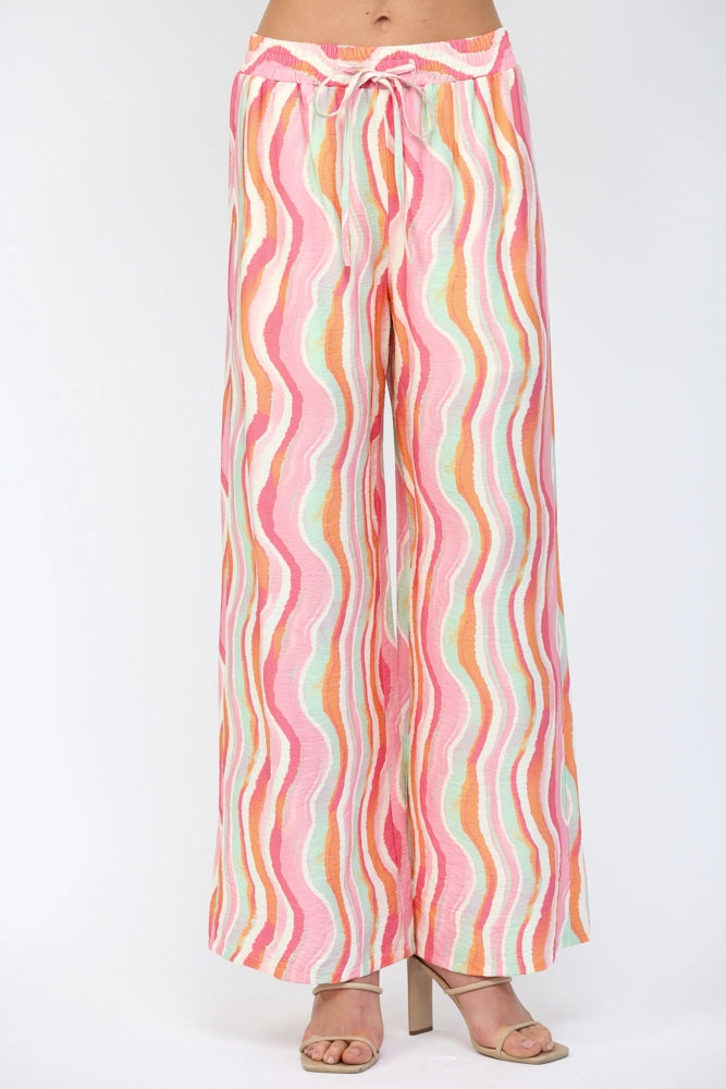 Wavy Stripe Print Rayon Wide Leg Pants
