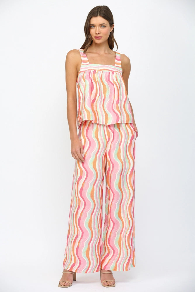 Wavy Stripe Print Rayon Wide Leg Pants