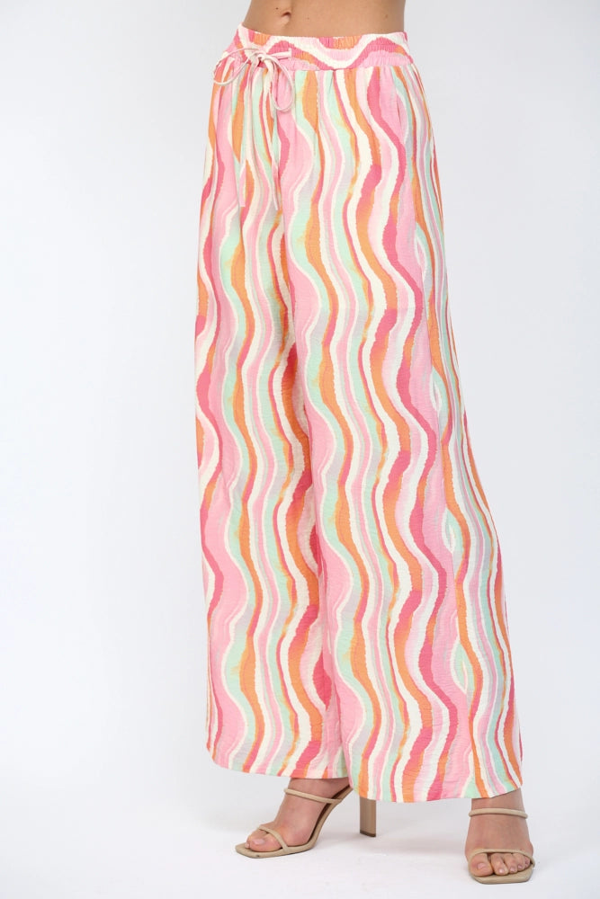 Wavy Stripe Print Rayon Wide Leg Pants