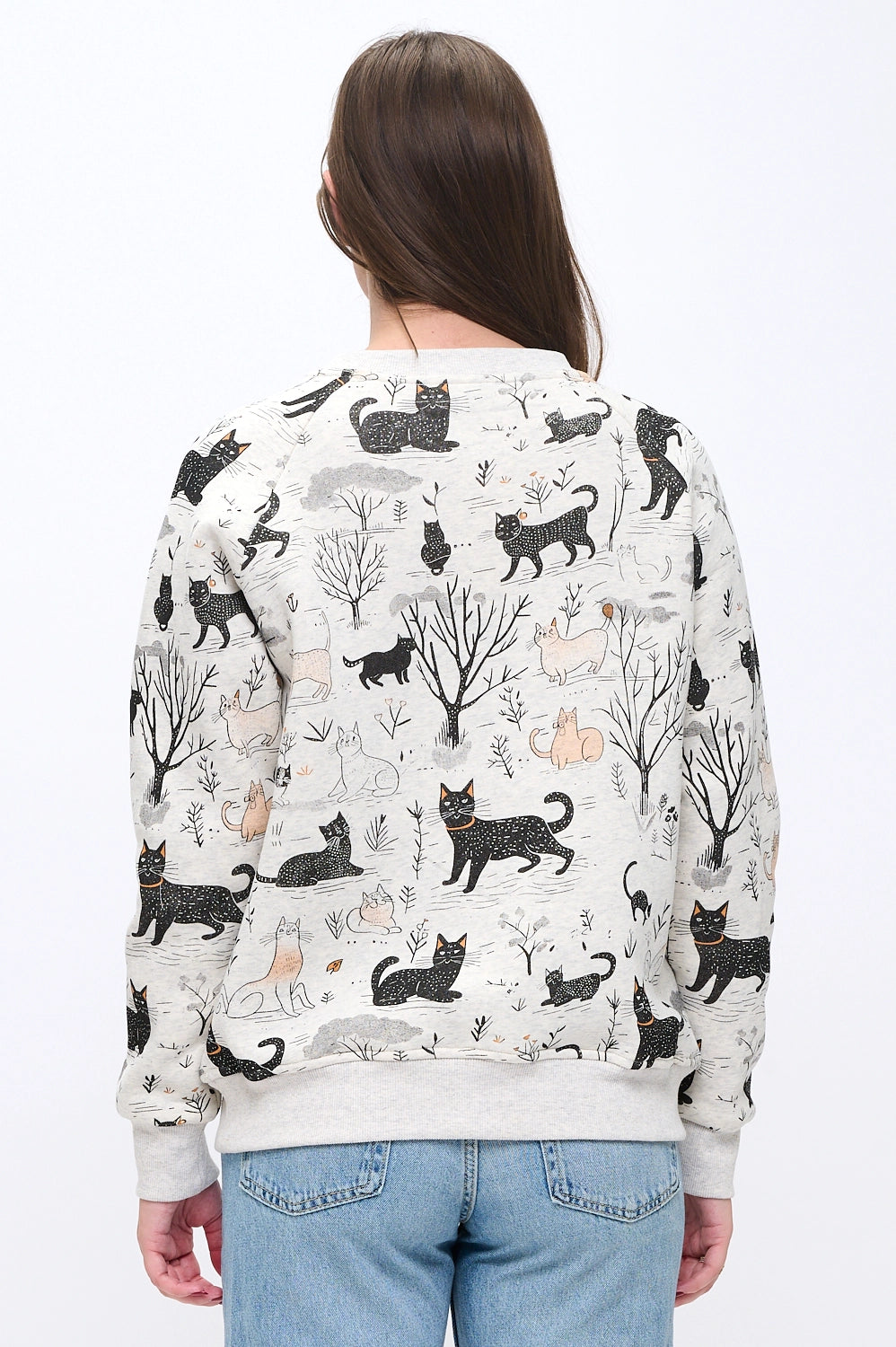 Whimsical Forest Cat Print Sweatshirt