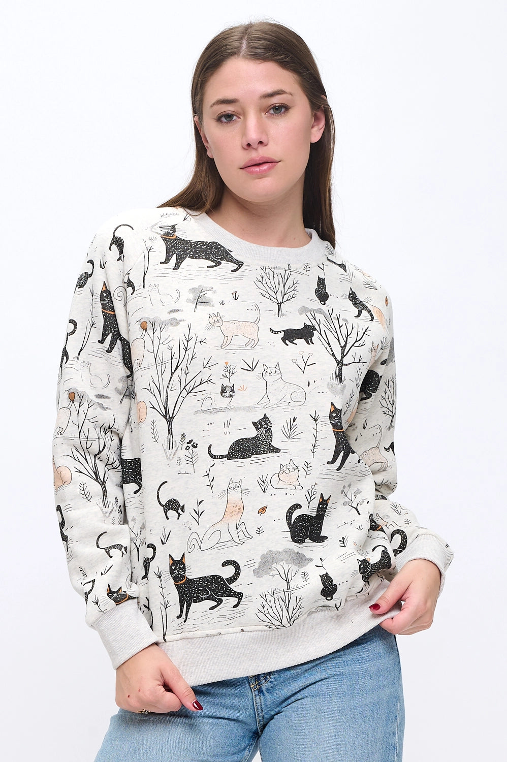 Whimsical Forest Cat Print Sweatshirt