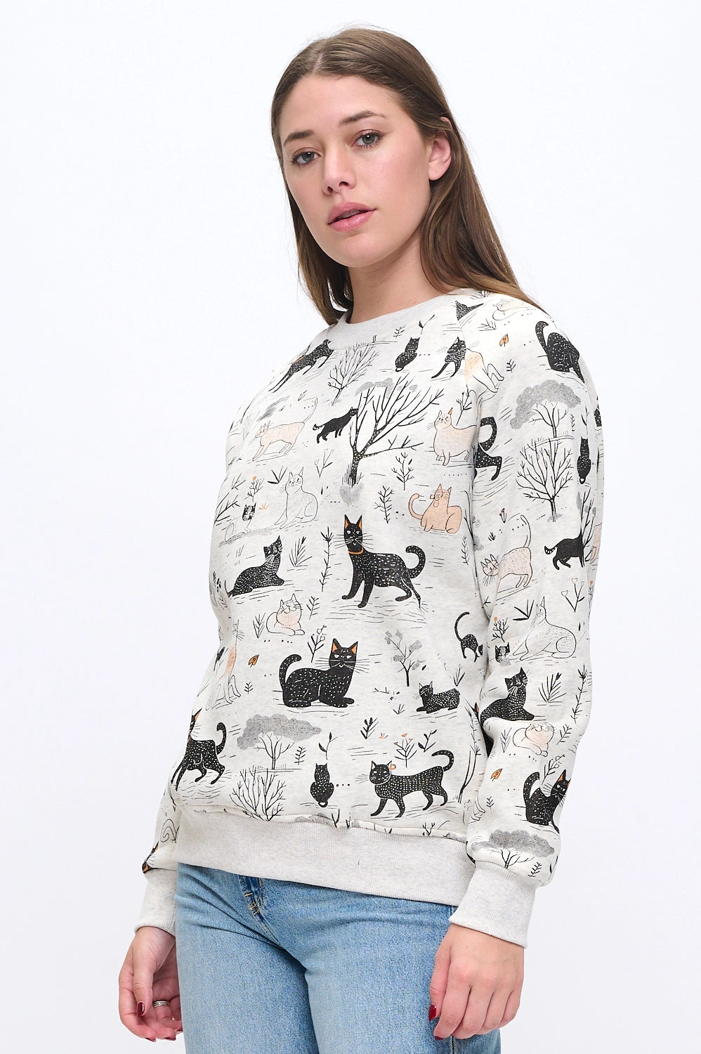 Whimsical Forest Cat Print Sweatshirt