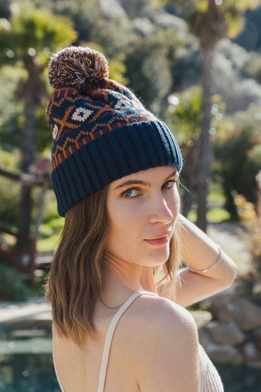 Bold Geometric Pom Knit Beanie