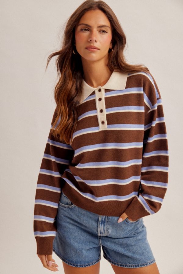 Contrast Collar Striped Polo Sweater