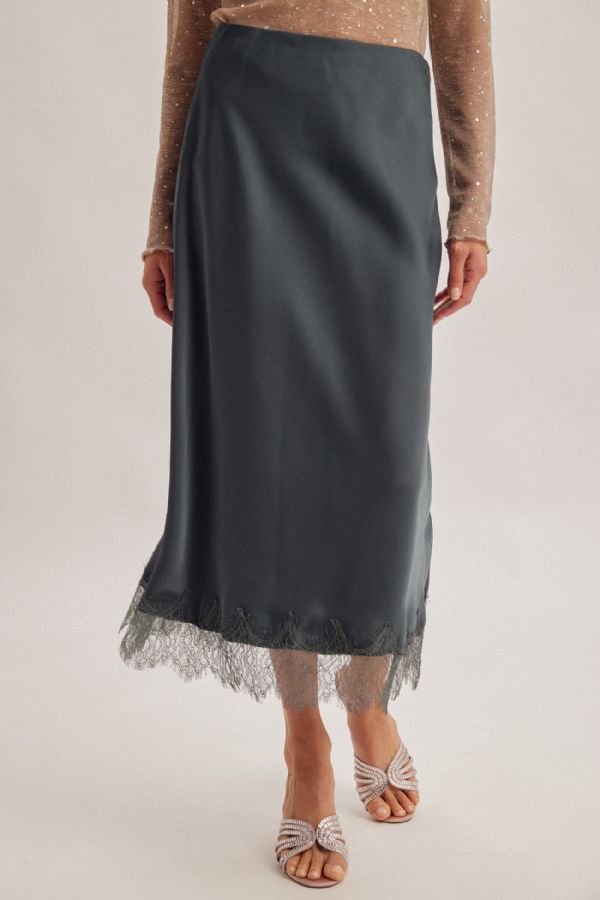 Satin Mini Skirt w/ Lace Hem Detail