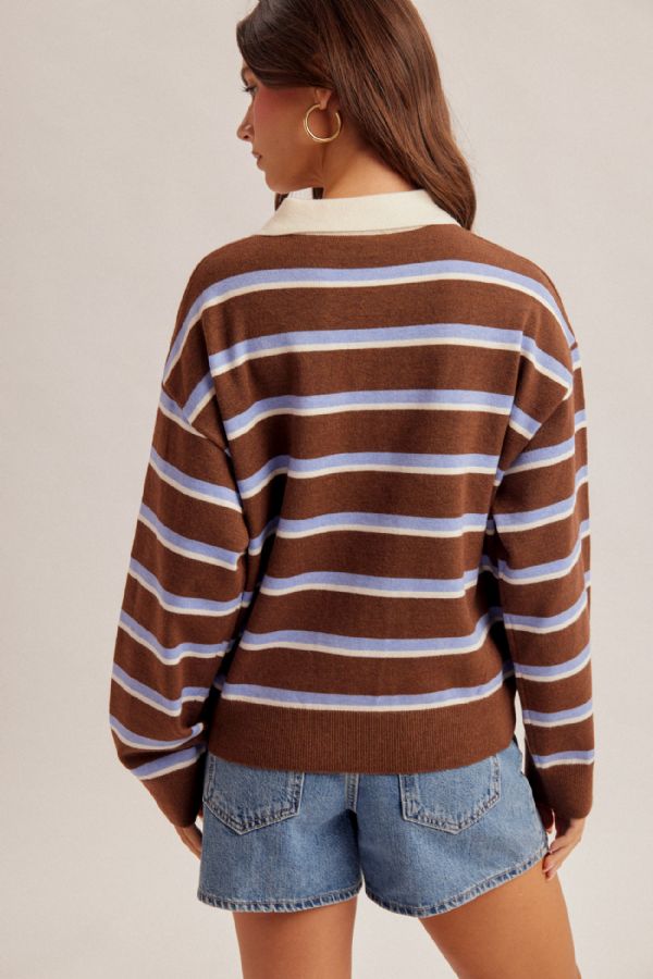 Contrast Collar Striped Polo Sweater