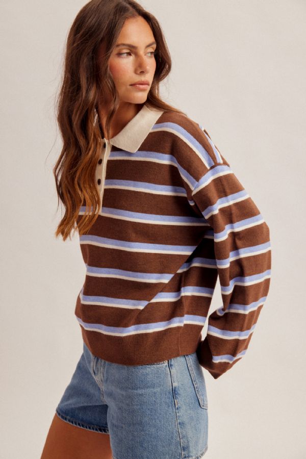 Contrast Collar Striped Polo Sweater