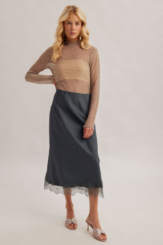 Satin Mini Skirt w/ Lace Hem Detail
