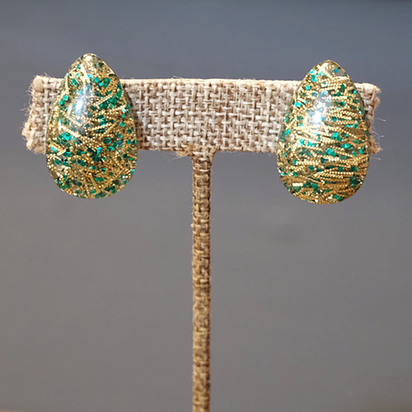 Green Confetti Teardrop Clip Earrings
