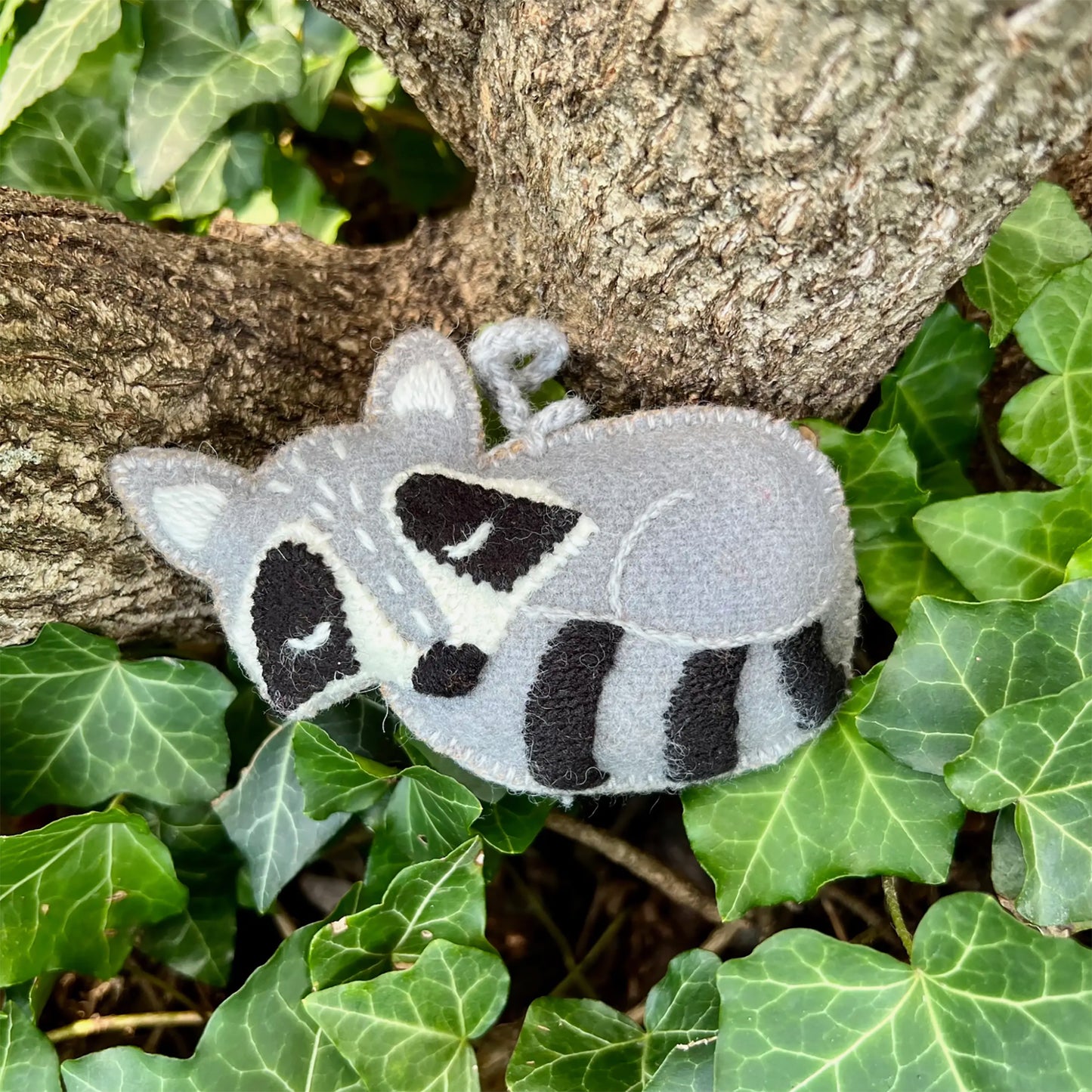 Sleeping Raccoon Embroidered Wool Ornament